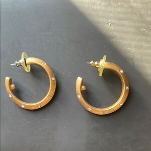 Gold Tone Tubular Hoop Earrings with Rhinestones